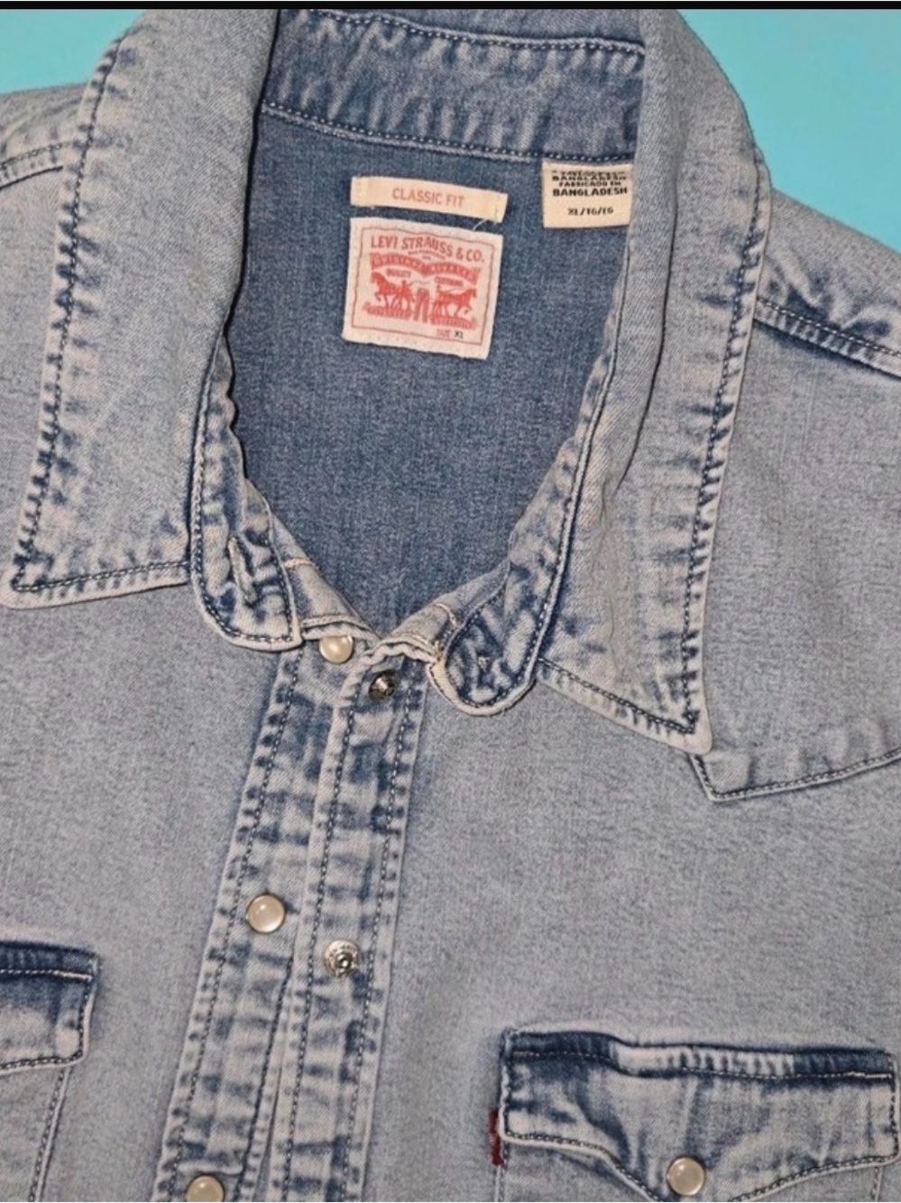 Levi's light blue denim shirt with red logo patch #cotton #distressed #denim XL - Picture 3 of 4